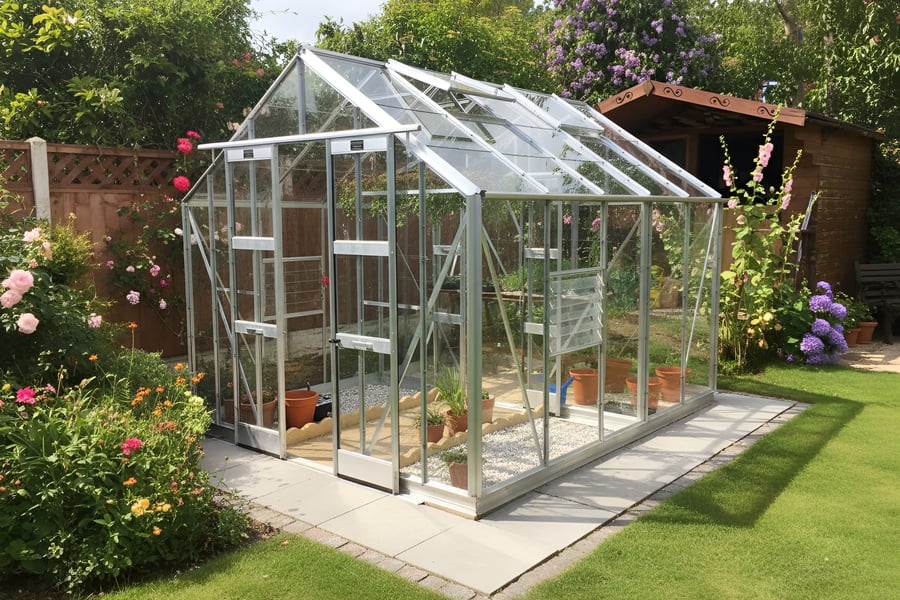 Elite Belmont 8x10 Greenhouse in silver aluminium in a garden
