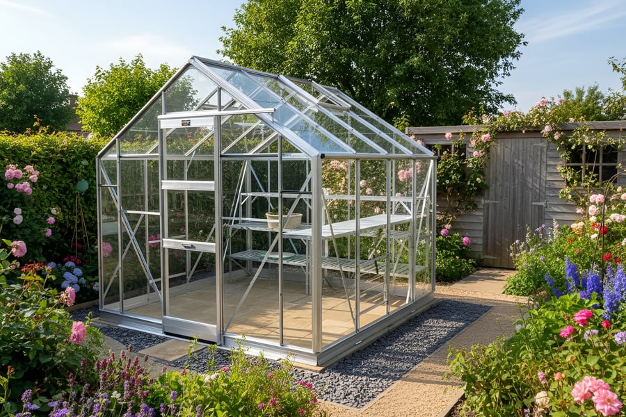 Elite Belmont 8x8 Greenhouse in a garden setting
