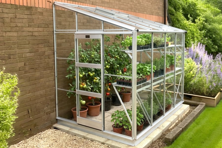 Elite Kensington 6x8 Lean to Greenhouse in silver aluminium against a house wall