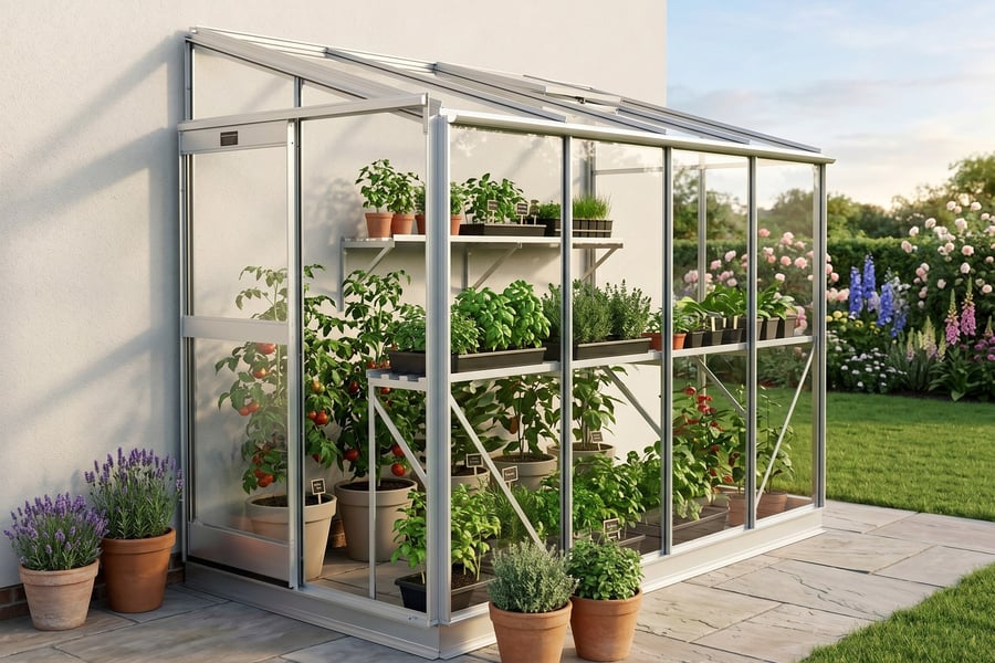 Elite Windsor 4x8 Lean to Greenhouse in silver aluminium against a house wall