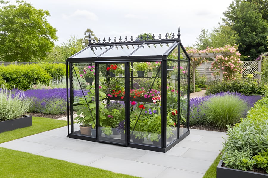 Janssens Helios Urban 5x8 Greenhouse with a black frame