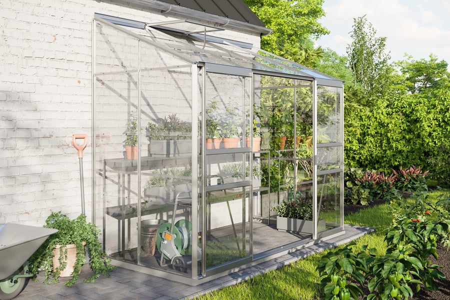 Vitavia 4x8 IDA 3300 Lean To Greenhouse against a house wall