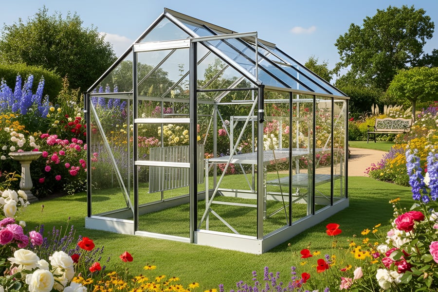 Vitavia 8x6 Apollo 5000 Greenhouse in silver aluminium in a garden