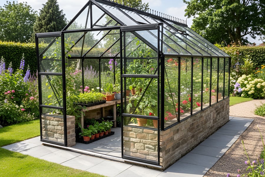 Vitavia Cassandra 8x14 Dwarf Wall Greenhouse with a black frame