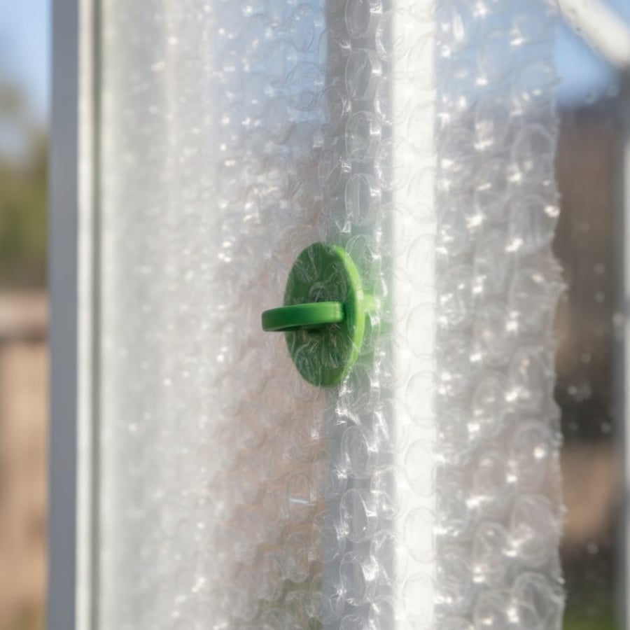 Green Elite insulation clip holding horticultural bubble wrap to an aluminium greenhouse glazing bar