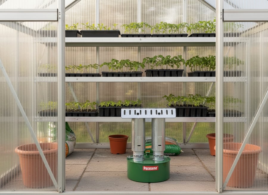 Elite Super Warm 5 paraffin heater on the floor of a greenhouse below staging full of tomato seedlings